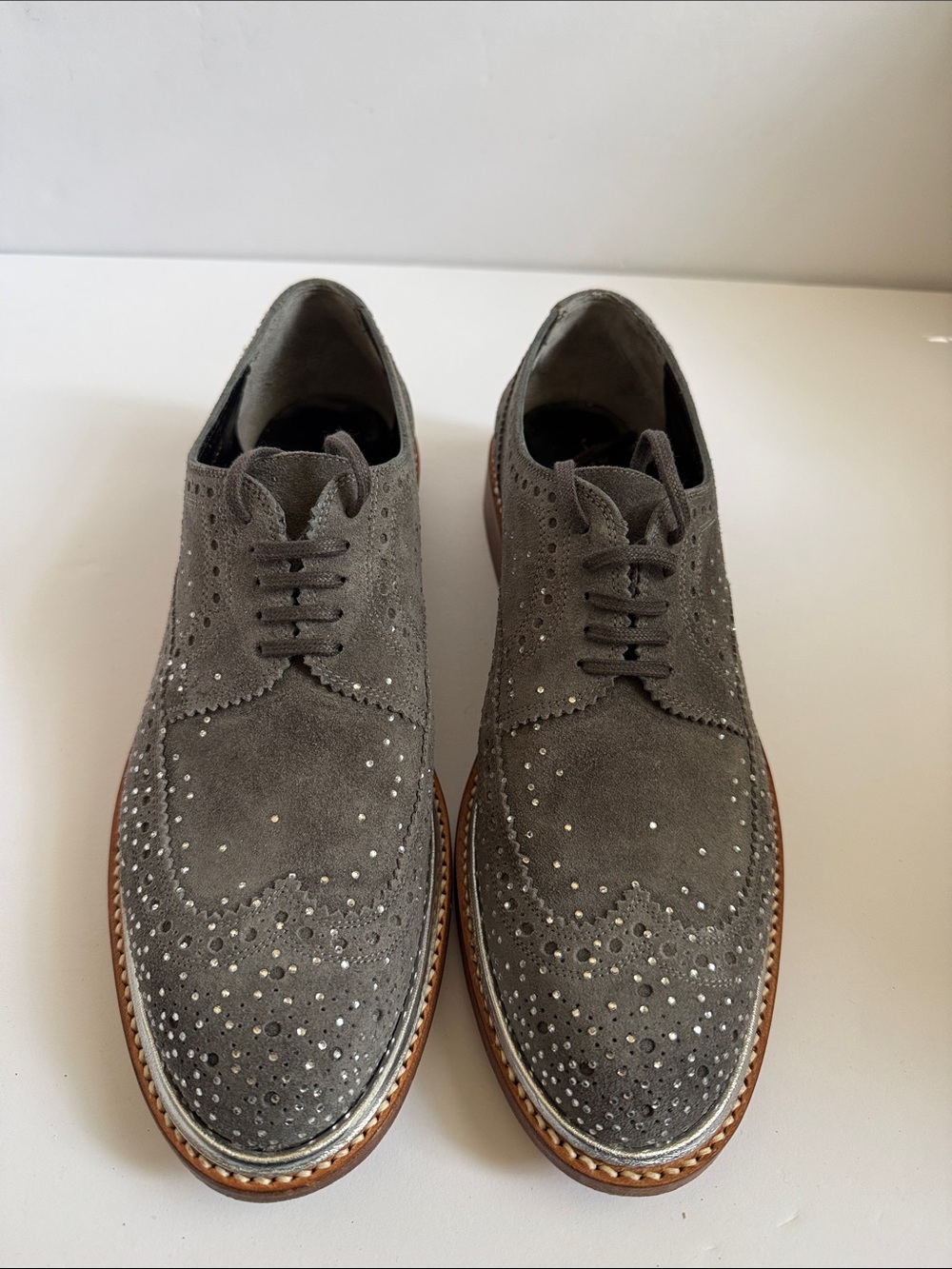 Robert Clergerie Limited Edition Crystal-Embellished Gray Suede Wingtip Brogues